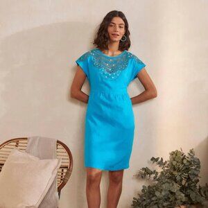 Boden Fleur Embroidered Blue 100% Linen Dress, Size 6